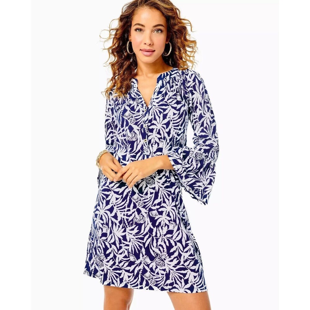 Lilly Pulitzer Norris 3/4 Sleeve Mini Printed Beach Dress Resort Navy XL 285371